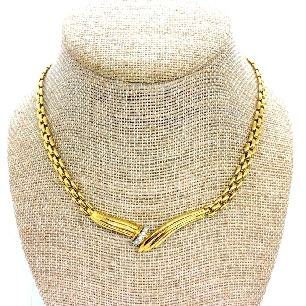 VINTAGE 80S NINA RICCI GOLD TONE RHINESTONE CHAIN NECKLACE ELEGANT MOBWIFE